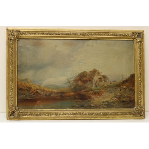 638 - English School (C19th); Figures by a Cottage on a pathway in a river landscape, oil on canvas, 30cm ... 