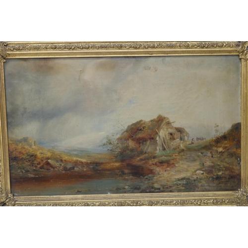 638 - English School (C19th); Figures by a Cottage on a pathway in a river landscape, oil on canvas, 30cm ... 