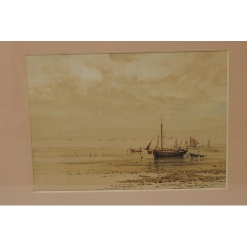 640 - English School (C19th); Unloading a Sailing Ship at low tide, watercolour, signed with indistinct mo... 