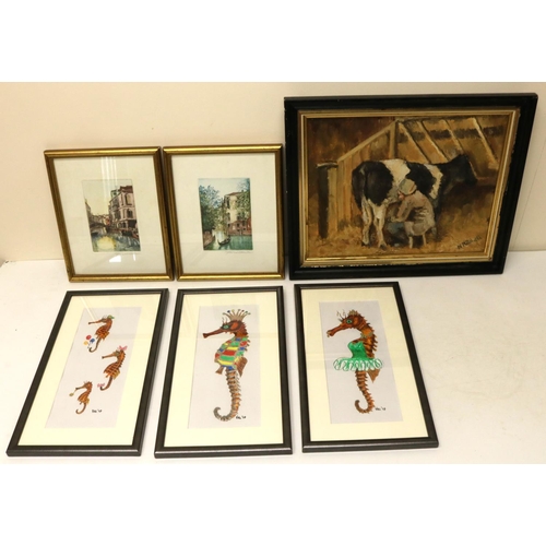 658 - N. Mitchell (Contemporary); Milkmaid in a stall, oil on canvas, signed, three watercolour studies of... 