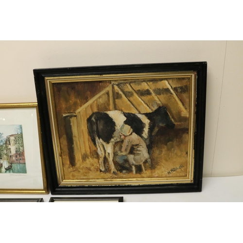 658 - N. Mitchell (Contemporary); Milkmaid in a stall, oil on canvas, signed, three watercolour studies of... 