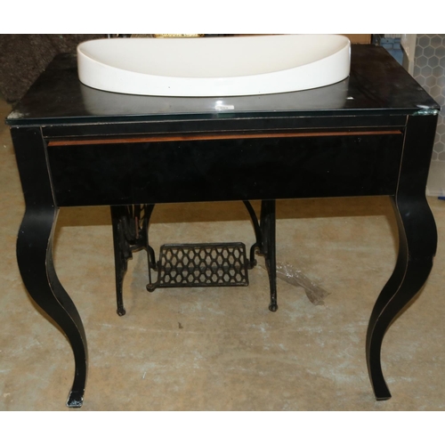 683 - White ceramic oval wash basin, on black single drawer unit with Artelinear top and cabriole leg, W90... 