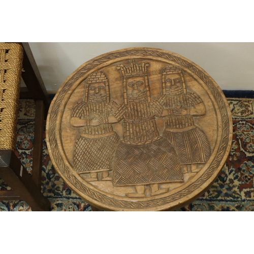 685 - Hardwood stool, top carved with three figures, H42cm and a small woven top stool (2)