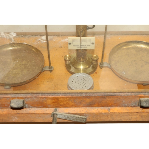 152 - Philip Harris Ltd Birmingham Analytical Brass Chemical Balance in stained beech cabinet complete wit... 