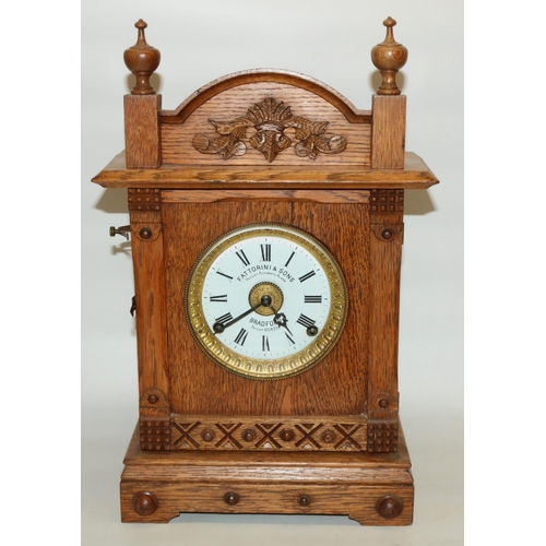 157 - Fattorini & Sons early C20th oak cased patent automatic alarm clock with signed enamel dial and regi... 