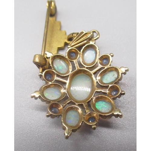 2 - 9ct yellow gold opal and sapphire cluster pendant, stamped 9c, on yellow metal pin brooch, no hallma... 