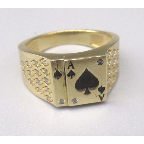 219 - Yellow metal ring with ace of spades decoration, set with diamonds, P1/2, 6.7g