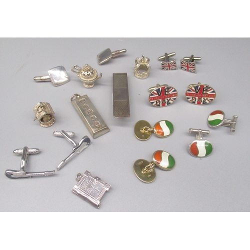 223 - Collection of silver and white metal novelty cufflinks and charms, a silver ingot pendant, a silver ... 