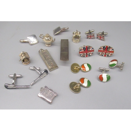 223 - Collection of silver and white metal novelty cufflinks and charms, a silver ingot pendant, a silver ... 