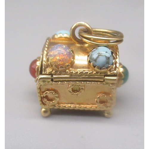 32 - 18ct yellow gold treasure box charm set with semiprecious stones, stamped 750, 6.9g