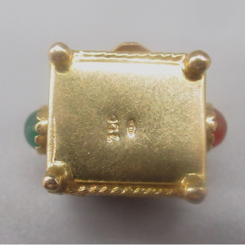 32 - 18ct yellow gold treasure box charm set with semiprecious stones, stamped 750, 6.9g