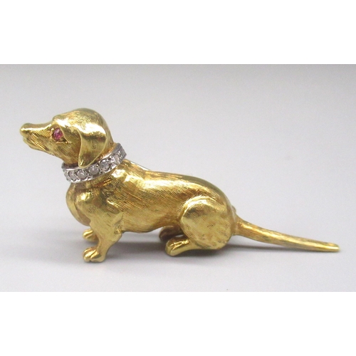 893 - 18ct yellow gold dog brooch with ruby eye and diamond collar, stamped 18, with white metal pin, 9.3g