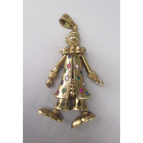 894 - 9ct yellow gold articulated clown pendant set with coloured gemstones, stamped 375, 30.2g, L9cm