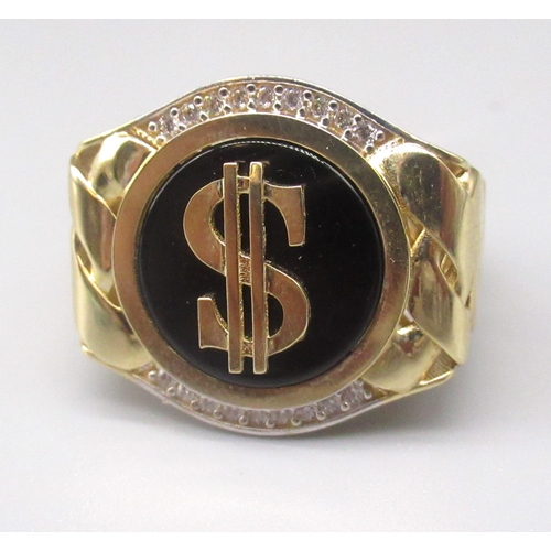 895 - 14ct yellow gold dollar sign ring with diamond border, stamped 585, size W1/2, 8.6g