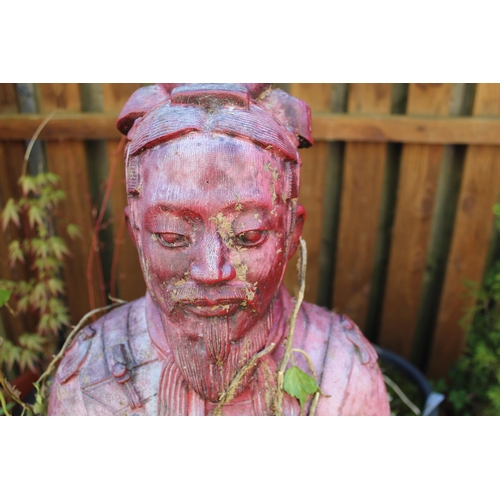 1015 - Reconstituted stone representation of Terracotta Army sentry with red painted finish, H 106cm