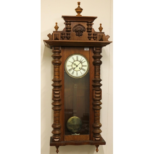 159 - Early C20th walnut and beech stained Vienna style wall clock, carved and moulded pediment over fully... 