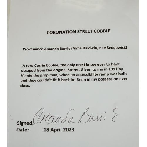 51 - Amanda Barrie collection - Original Coronation Street cobble, with plaque.  Provenance: From the ori... 