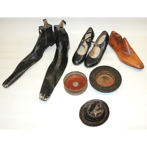 67 - Amanda Barrie collection- pair of 'child catchers' leather shoes, wooden last, bottle coaster, unusu... 