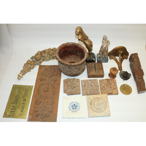 68 - Amanda Barrie collection- Collection of wooden carving items including wooden carved tiles, wicker b... 