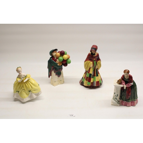 179 - Four Royal Dalton figures The Balloon Seller TBS NoHN383 with impress marks to the base H23.5cm, The... 