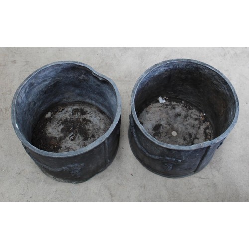 1008A - Pair of circular lead planters with lion and swag relief H approx 25cm W 31cm