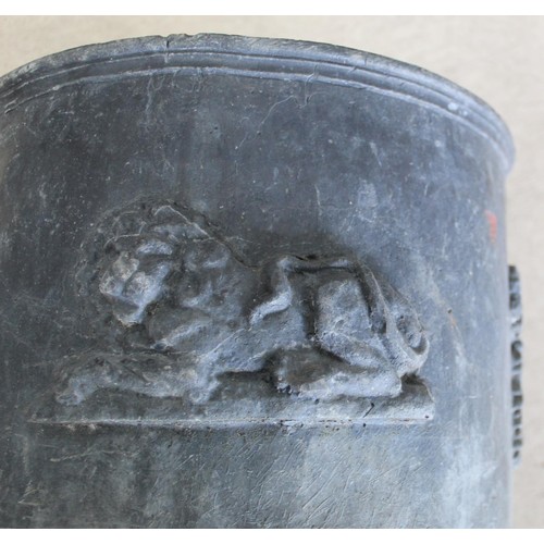 1008A - Pair of circular lead planters with lion and swag relief H approx 25cm W 31cm