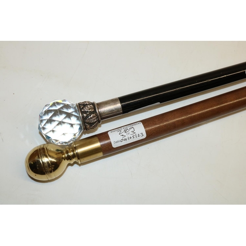 289 - Novelty sectional walking cane, brass handle with compass and glass tube, an ebonised walking cane w... 