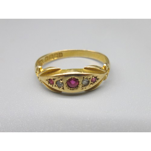 206 - Late C19th/early C20th 18ct yellow gold ruby and diamond gypsy ring, stamped 18, size N1/2, 2.1g