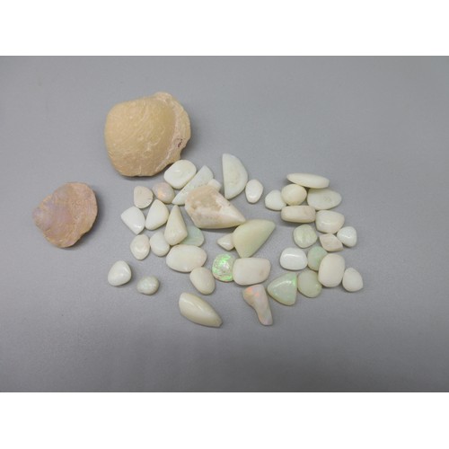 228 - Collection of loose opals, various sizes and cuts, 29.8g, and two pieces of opalescent raw form rock
