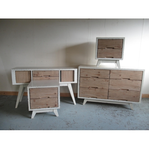 661 - Modern green wash and wood bedroom suite comprising: dressing table with two drawers and tambour doo... 