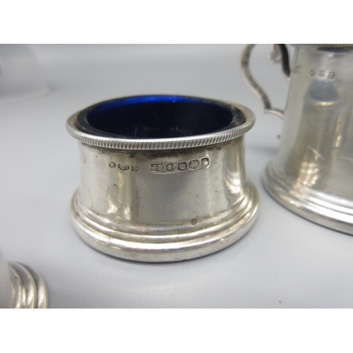 857 - Geo.V hallmarked Sterling silver condiment set with blue glass liners by James Dixon & Sons Ltd., Sh... 