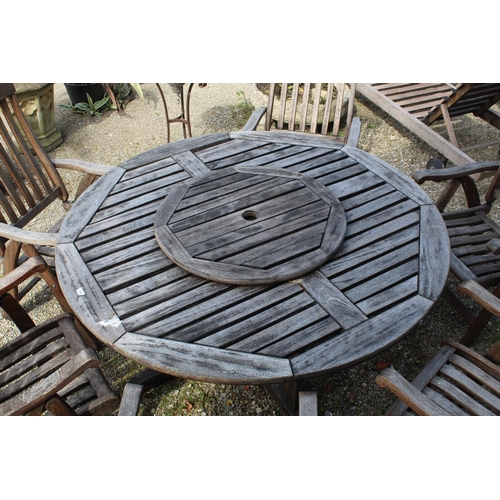 1169 - Bridgman large circular teak garden table with lazy Susan and six reclining adjustable chairs 153cm ... 