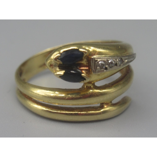 906 - 18ct gold diamond set snake ring with sapphire eyes, size M