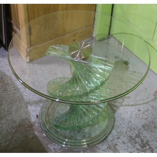 663 - Pair of Mark Webster Designs coffee tables, clear glass circular tops on twist step turned column an... 