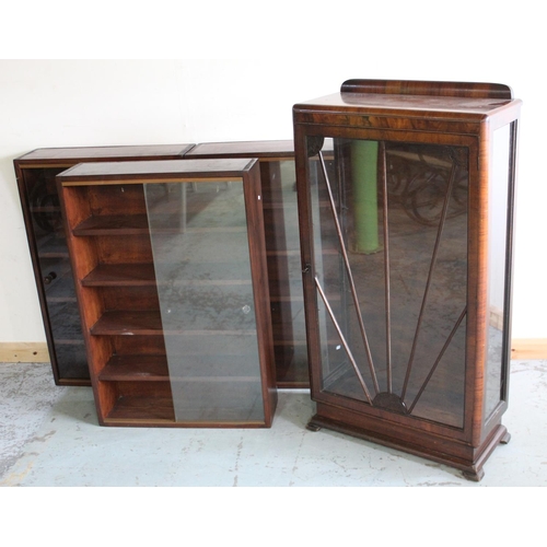 787 - Three stained wood book cases with plate glass doors, and a 1940's walnut display cabinet, W64cm D30... 