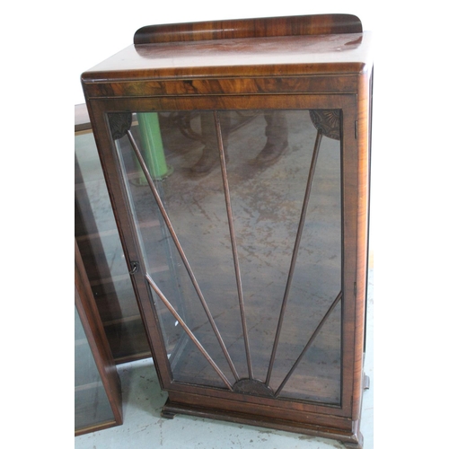 787 - Three stained wood book cases with plate glass doors, and a 1940's walnut display cabinet, W64cm D30... 