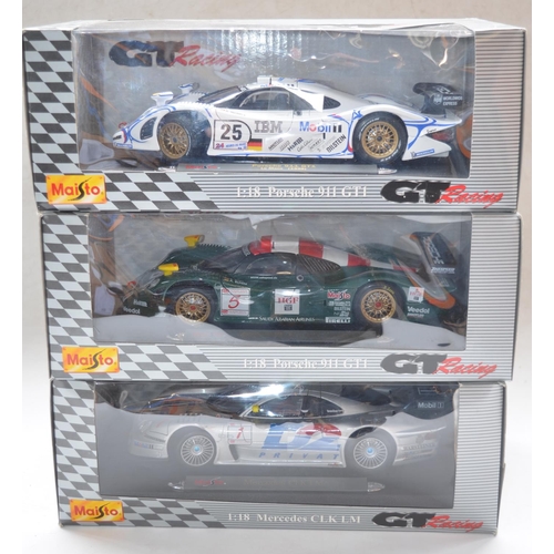 90 - Three 1/18 scale diecast Maisto GT Racing car models to include 2x Porsche 911 GT1's and a Mercedes ... 