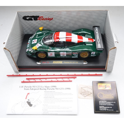 90 - Three 1/18 scale diecast Maisto GT Racing car models to include 2x Porsche 911 GT1's and a Mercedes ... 