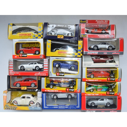 91 - Collection of 16 mostly 1/24 scale diecast model cars from Maisto, Majorette, Burago, Revell, Mira a... 