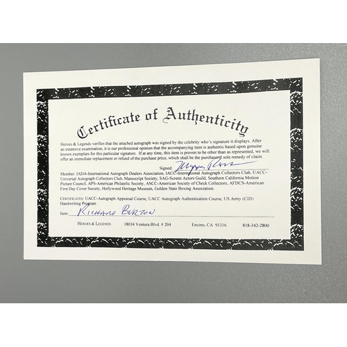 379 - Richard Burton signature, 10.5cm x 6.7cm, with Certificate of Authenticity from Heroes & Legends