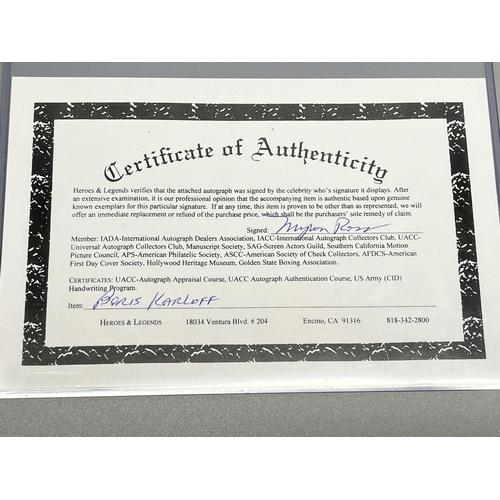 380 - 'Sincerely Boris Karloff' signature note, 11.1cm x 5cm, with Certificate of Authenticity from Heroes... 