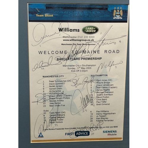 305 - Maine Road signed display, picture signed by Summerbee, Lee and Bell, Team sheet signed by the Squad... 