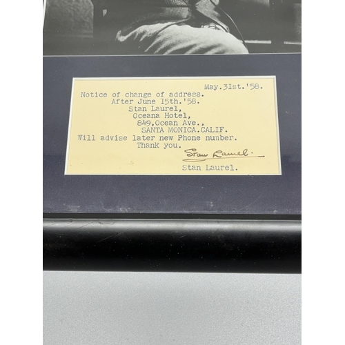 371 - Framed Stan Laurel photo and 'Change of Address' telegram signed by Stan Laurel, 33.5cm x 41cm, with... 