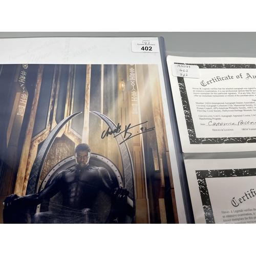 402 - Two  Chadwick Boseman photos as 'Black Panther', with signatures, with Certificates of Authenticity ... 