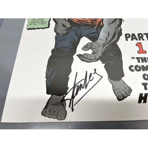 403 - The Hulk Part 1 'The Coming of the Hulk' advertisement with Stan Lee signature, 21.5cm x 30.3cm, wit... 