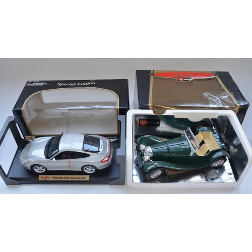 112 - Four boxed 1/18 diecast model cars to include Burago Jaguar SS100 (1937), James Bond Jaguar XKR Road... 