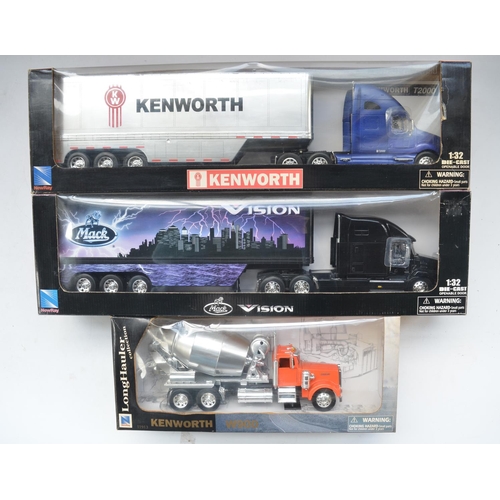 119 - Three boxed large 1/32 scale diecast and plastic truck models by New Ray, part of their Long Hauler ... 