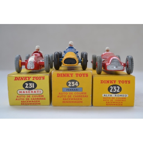 154 - Three vintage Dinky Toys racing car models complete with original boxes: Maserati (no 231), Alfa Rom... 