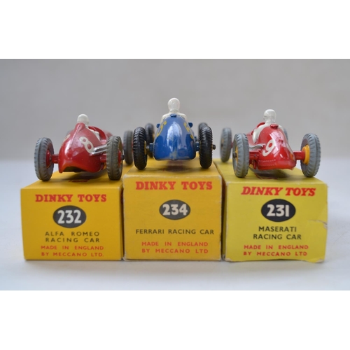 154 - Three vintage Dinky Toys racing car models complete with original boxes: Maserati (no 231), Alfa Rom... 