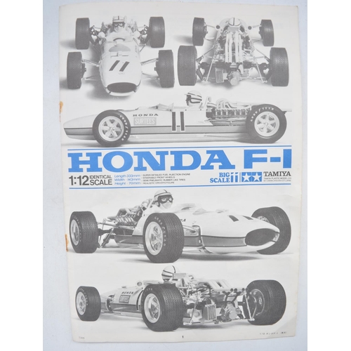 199 - Two  partially built 1/12 Tamiya Formula 1 racing car model kits, Honda F-1 and Wolf WR1 Ford F1 wit... 